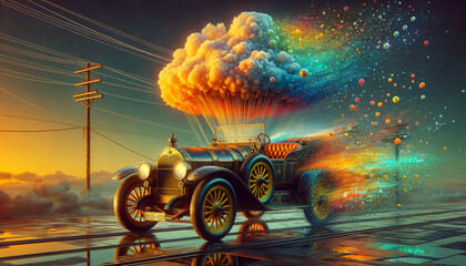 Nostalgic AI: Vintage car with digital disintegration, blending past and future