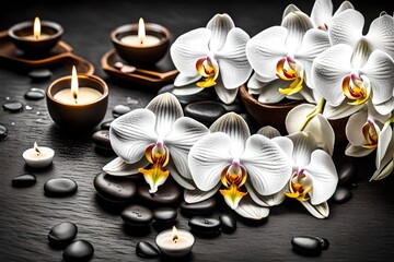 Fototapeta na wymiar Spa candle and white orchid