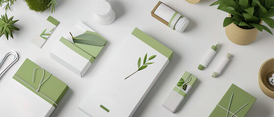 Green brand innovations in a mock-up of green packaging and business cards from sustainable brands