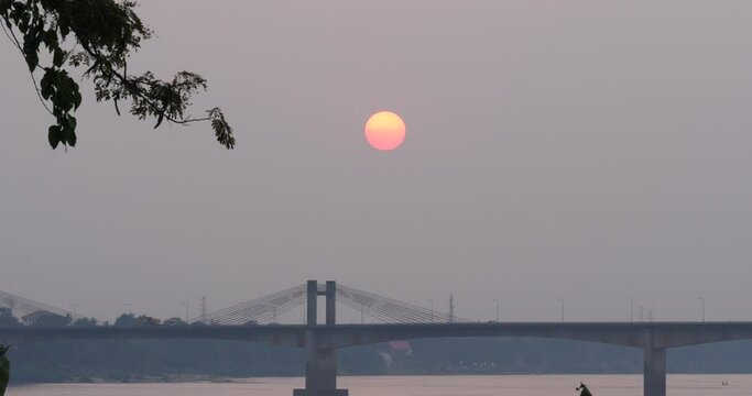 Landscape of a large river bridge and beautiful sunset, river landscape