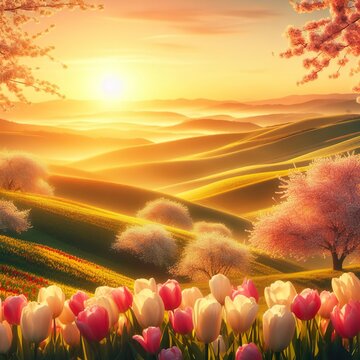 Close-up of a picturesque Easter sunrise illuminating rolling hills dotted with blossoming cherry trees and vibrant tulip fields Serene and breathtaking Ideal for creating a tranquil Easter landscape © Franco di Giacomo