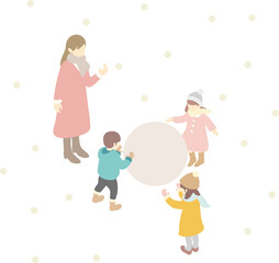 アイソメトリック　人物　冬　雪だるま　雪　家族　キッズ　男性　女性　子ども　イラスト素材