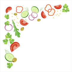 Vegetables on an isolated background. Salad of greens, tomatoes and cucumbers. Background.