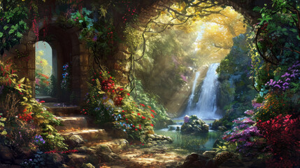 Enchanted forest scene with waterfall and sunlight streaming through trees. Fantasy landscape.