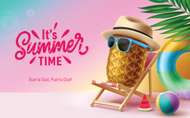 Summer time text vector design. It's summer time greeting with sitting pineapple fruit wearing sunglasses and hat for tropical season holiday concept. Vector illustration summer time greeting  © AmazeinDesign
