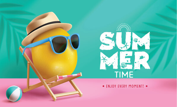 Summer time text vector design. Summer time greeting text with sitting lemon wearing sunglasses and hat in green and pink background for tropical season promotion concept. Vector illustration summer 