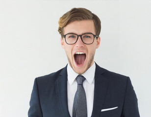 A professional businessman wearing a suit and glasses, with a confident expression and a slight smile