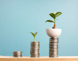 Fototapeta na wymiar Money grows on trees: coins sprout into plants in pots symbolizing financial growth and success
