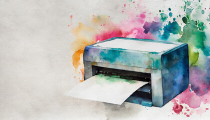 Printer icon, watercolor art, canvas background, copy space on a side