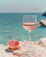 Rose wine in an elegant glass is placed  with view by the sea. The sunlight passes through the glass and reflects the light onto the stone. Magazine photography.