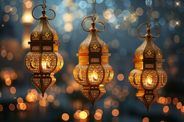 Obraz premium Ramadan Kareem greeting card banner poster design with Golden lantern moon and Mosque minar 