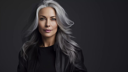 Fototapeta premium Middle-aged woman with beautiful gray hair with long hair, copy space available hyper realistic 