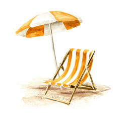 Beach chair and umbrella parasol. Summer vacation concept design element. Hand drawn watercolor illustration isolated on white background © dariaustiugova