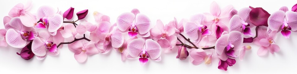 Fototapeta na wymiar A banner of orchid flowers on a white background. An invitation or a postcard for a holiday.