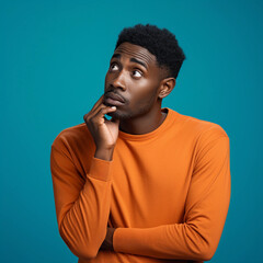 Portrait of a confused puzzled minded African American man in orange top isolated on blue background, with copy space. Job ID: 59ac8764-20c7-4dd0-a044-14febcf410cb
