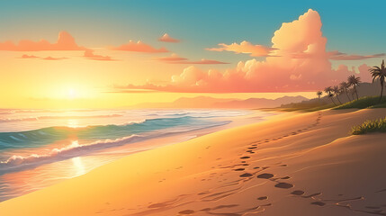 Obraz premium Sandy beach with light blue transparent water waves and sunlight, tranquil aerial beach scene