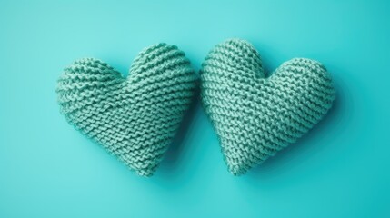 Green knitted hearts on a blue background, top view, with space for text. Valentine's Day, hobbies, knitting, love, health concept.