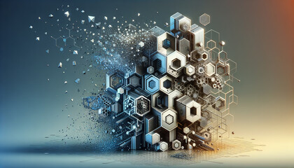 Geometric nanomechanics with digital disintegration and futuristic lighting.