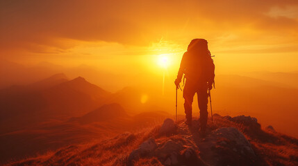 Silhouette Victorious male person standing on mountain, Positive man celebrating, success 
