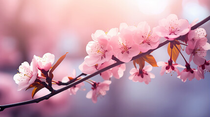 Spring border or background art with pink blossom and sunlight background. Beautiful nature clossed up scene with blooming tree and sunlight - obrazy, fototapety, plakaty