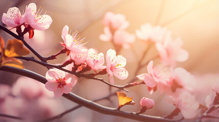 Spring border or background art with pink blossom and sunlight background. Beautiful blooming tree and sunlight