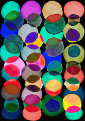 Black background of multicolored watercolor circles. Abstract composition of watercolor circles on a black background.  - 732320597