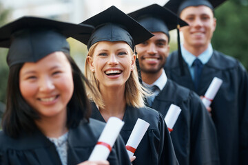 College, graduation and portrait of group at ceremony with diploma, certificate and happiness in...
