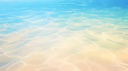 Fototapeta premium Sandy beach with light blue transparent water waves and sunlight, tranquil aerial beach scene