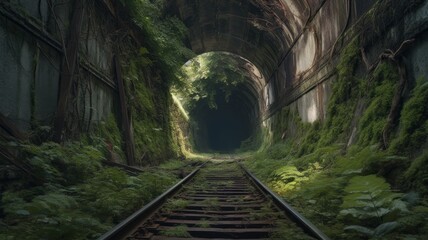 Fototapeta na wymiar AI generated illustration of a train tunnel covered in greenery and moss in a forest