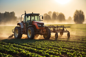 A tractor plowing a field on a sunny day - obrazy, fototapety, plakaty