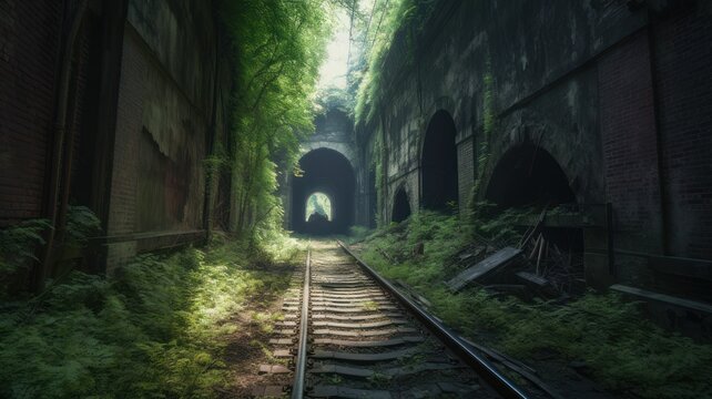 AI generated illustration of a train tunnel covered in greenery and moss in a forest