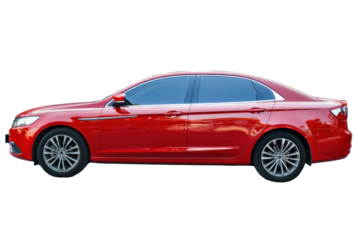 Red sedan car, side view, cut out - stock png.
