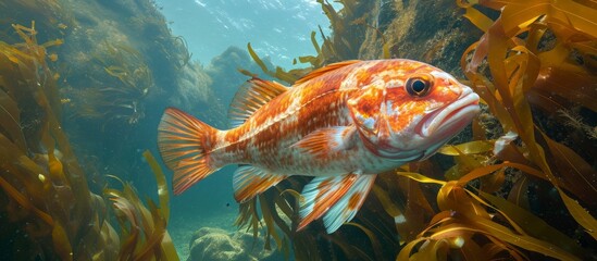 An electric blue fish gracefully swims underwater surrounded by seaweed and aquatic plants in the fluid environment of water.