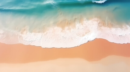 Fototapeta premium Sandy beach with light blue transparent water waves and sunlight, tranquil aerial beach scene