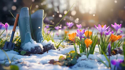 Foto op Canvas Gum boots with spring flowers and gardening tools with grass growing through the soil. Concept of gardening, spring coming and winter leaving. © linda_vostrovska