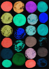 Set of watercolor circles of blue, green, red, brown, mustard, mint colors isolated on black background - 732324370