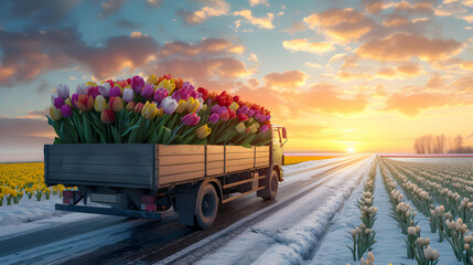 Truck car with colorful tulip flowers on the road in a winter countryside with sunset. Concept of spring coming and winter leaving.