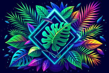 Neon Light with tropical leaves, Generative AI