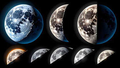 science phases of the moon icon and clipart isolated on a black background - obrazy, fototapety, plakaty