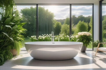 elegant modern stylish bathroom with bath tub, big windows with natural view