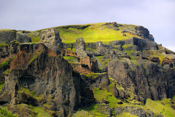 Iceland-Rough mountainous landscape at the Hringvegur-also Pjodvegur 1 near Foss a Sidu waterfall