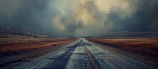 The road stretches endlessly under a cloudy sky, blending with the asphalt and merging into the natural landscape on the horizon. - obrazy, fototapety, plakaty