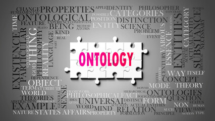 Ontology as a complex subject, related to important topics. Pictured as a puzzle and a word cloud made of most important ideas and phrases related to ontology. 3d illustration