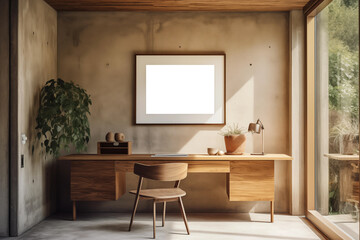 chair and wood  side table with empty blank mock up frame,  home interior