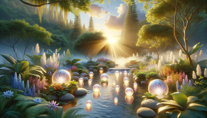 Tranquil spa retreat with glowing photon torpedo orbs in a serene stream surrounded by lush greenery. - obrazy, fototapety, plakaty