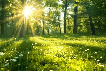 Fototapeta premium Sunlight in the green forest, spring time. generative ai.