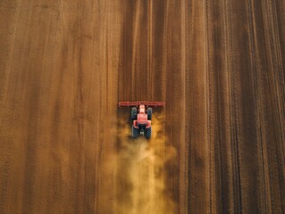 Drone shot top-down view of tractor plowing fields during planting season