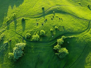 Bird's-eye view of a pastoral countryside with grazing livestock