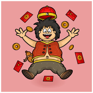 Mascot Character of Chinese People With Fly Pose For New Year.