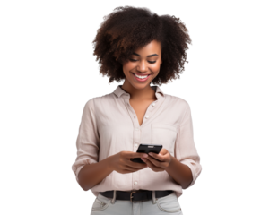 Happy African American young woman using cell phone, cut out